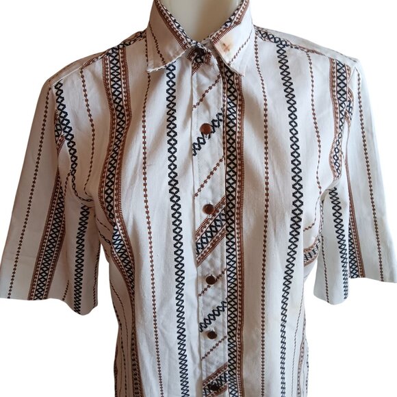 Vintage Women's Medium Tunic Top 1970s Striped Geometric Dallas Groovy Granny - Picture 2 of 8